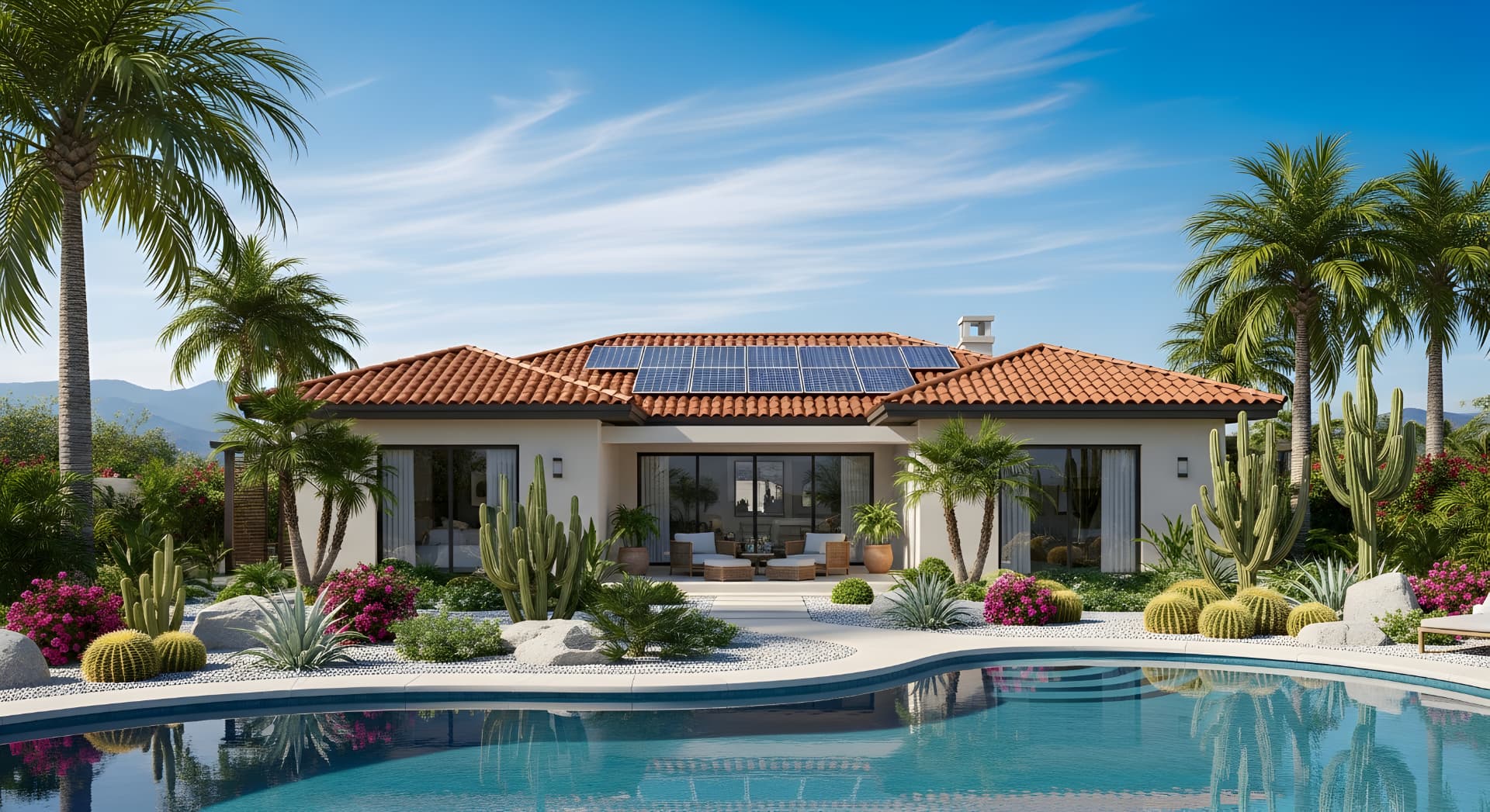 Beautiful Arizona desert home with solar panels, pool, and palm trees
