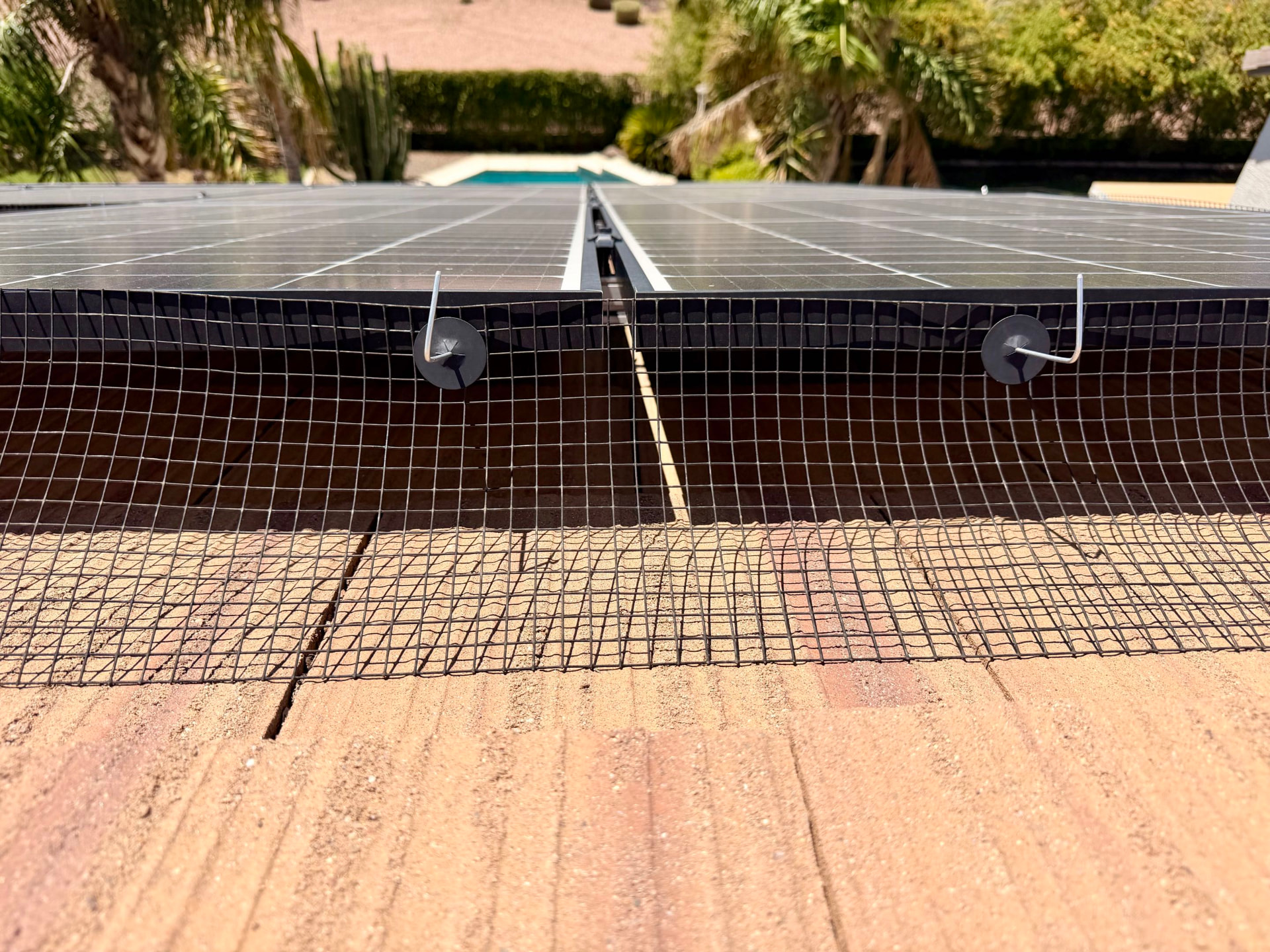 Critter guard mesh installed along the edge of rooftop solar panels